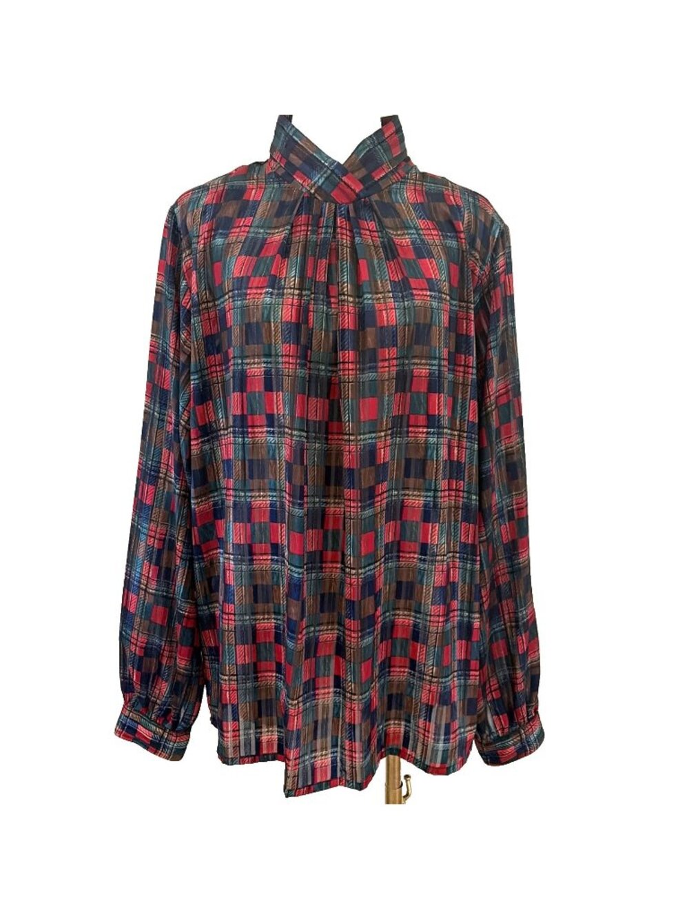 Vintage Yves  Saint Clair Colorful Plaid Blouse Women's 16 Lightweight Metallic